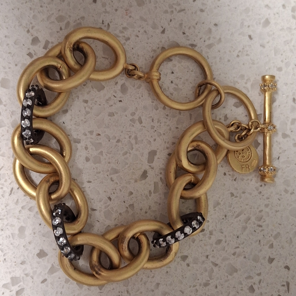 Freida Rothman heavy link SS and 14K rhodium plated link bracelet with cz